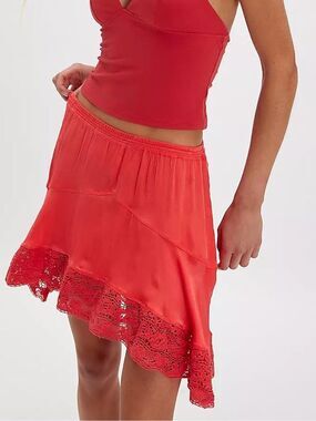 NWOT Free People Red Crochet-Hem Flared Skirt